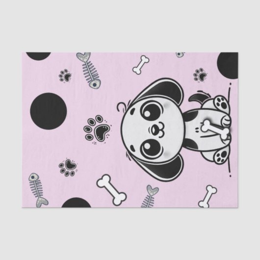 ピンクと黒の魚の骨の子犬の誕生日パーティー 薄葉紙 (正面)
