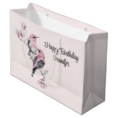 ピンクと黒の鳥が木の枝に誕生日 ラージペーパーバッグ (正面アングル)
