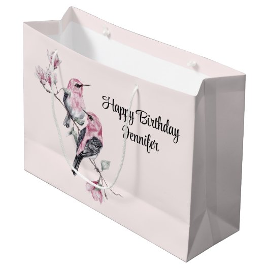 ピンクと黒の鳥が木の枝に誕生日 ラージペーパーバッグ (正面アングル)