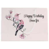 ピンクと黒の鳥が木の枝に誕生日 ラージペーパーバッグ (裏面)