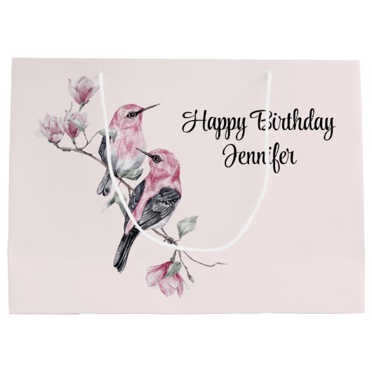 ピンクと黒の鳥が木の枝に誕生日 ラージペーパーバッグ (裏面)