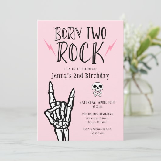 ピンクと黒生まれ二つの岩2番目の誕生日パーティー 招待状 (スタンド正面)