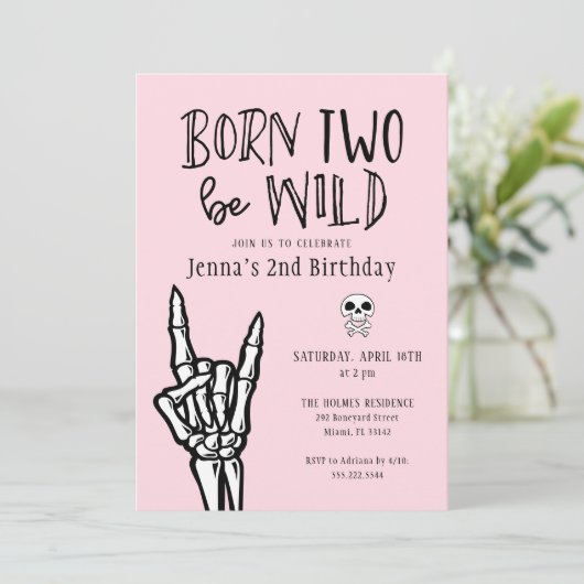 ピンクと黒生まれ二つワイルド2歳の誕生日パーティー 招待状 (スタンド正面)