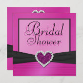 ピンクと黒(グリッターハートブライダルシャワー 招待状 (正面/裏面)