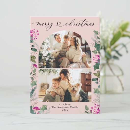 ピンクと2枚のメリーフォトクリスマスカード シーズンカード (スタンド正面)