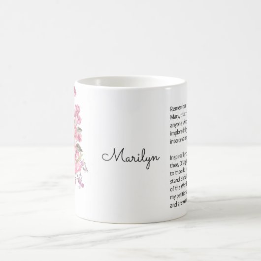 ピンクによっては数珠のMemorareの神聖な祈りの言葉が開花します コーヒーマグカップ (中央)