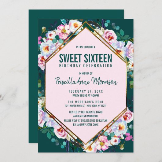 ピンクによっては金ゴールドのトリムのエメラルドのヒスイの菓子16が開花します 招待状 (正面/裏面)