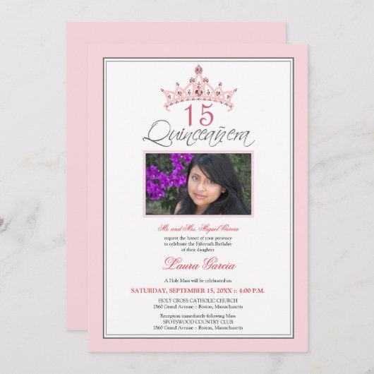 ピンクによってティアラのキンセアニェラの宝石で飾られる招待状(ピンク) 招待状 (正面/裏面)