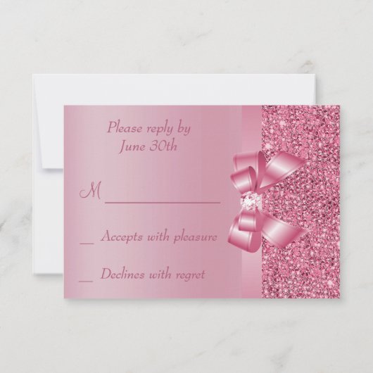ピンクによって印刷されるスパンコールの弓及びダイヤモンドRSVP 出欠カード (裏面)