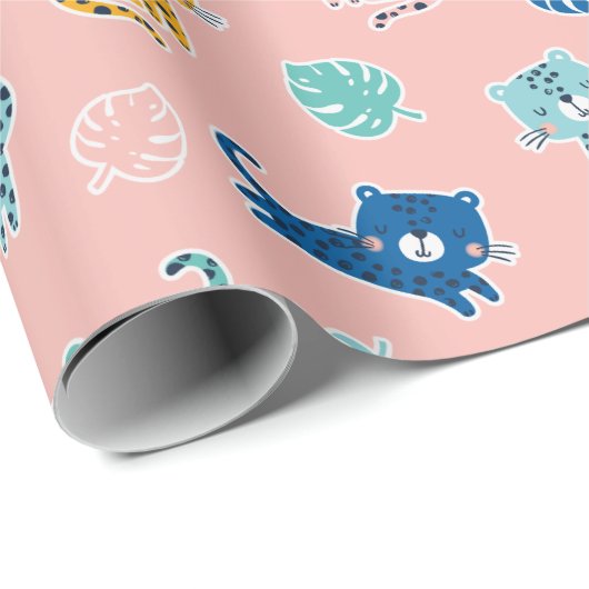 ピンクにジャングルリーフが付いたかわいいヒョウ ラッピングペーパー (ロールコーナー)