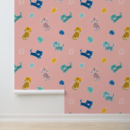 ピンクにジャングルリーフが付いたかわいいヒョウ 壁紙