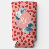ピンクにモノグラーム赤いハート模様 スリム缶クーラー (正面)