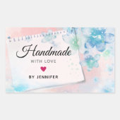 ピンクにラブブルーかわいらしの花を手作り 長方形シール (正面)