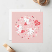 ピンクに可愛いバレンタインのバニーエンジェル ノートカード (正面/裏面インサイチュ)