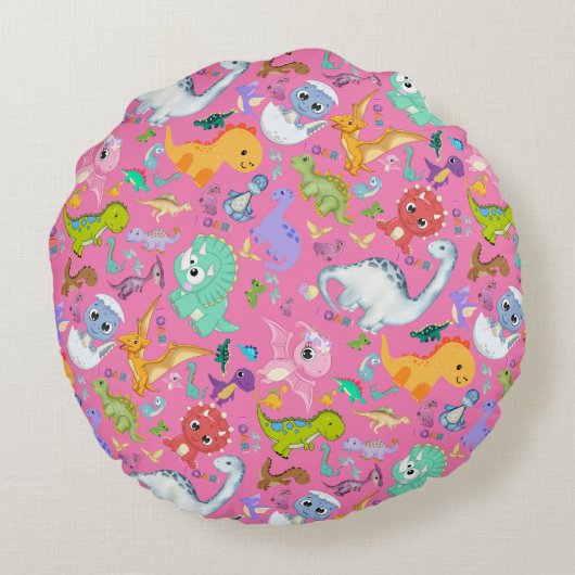 ピンクに可愛い恐竜の模様 | ラウンドクッション (裏面)
