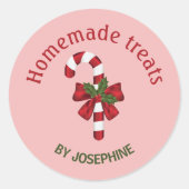 ピンクに弓を付けたキャンディーケーン – 手作りスイーツ ラウンドシール (正面)