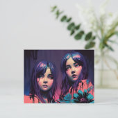 ピンクに染まった紫色の髪の女の子 ポストカード (スタンド正面)