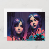 ピンクに染まった紫色の髪の女の子 ポストカード (正面/裏面)