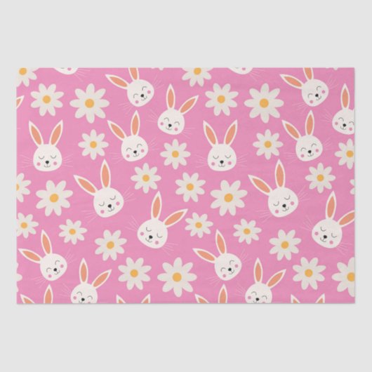 ピンクに白い花を咲かせるかわいいイースターバニー 薄葉紙 (正面)