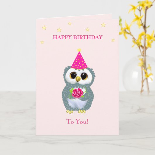 ピンクに花と誕生日の願いを込めたかわいいフクロウ カード (黄色い花)