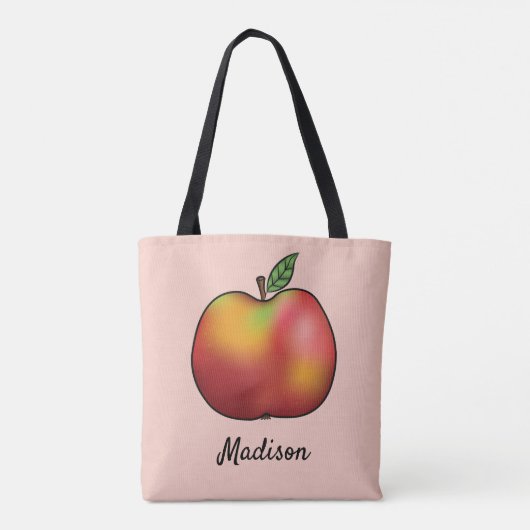 ピンクに赤い漫画のリンゴと名前をカスタムする トートバッグ (裏面)