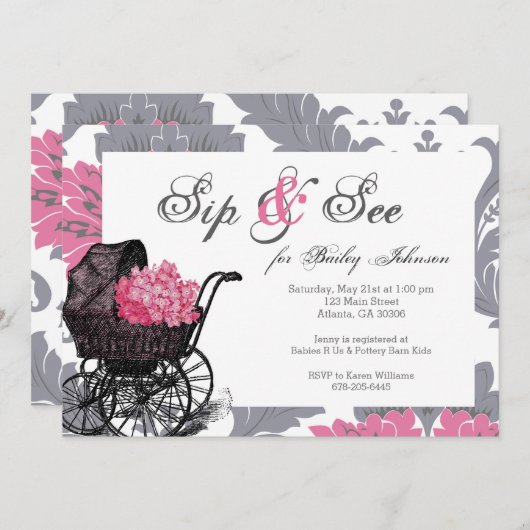 ピンクのあじさい園区と赤ちゃんのシャワー招待を参照 招待状 (正面/裏面)