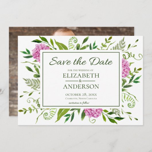 ピンクのあじさい結婚写真 セーブザデート (正面/裏面)