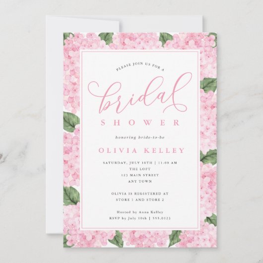 ピンクのあじさい花の書道ブライダルシャワー 招待状 (正面)