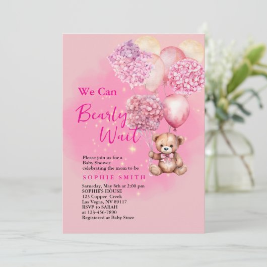 ピンクのあじさい赤ちゃんシャワーを待つことができる 招待状 (スタンド正面)