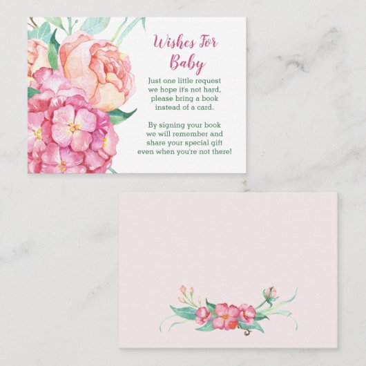 ピンクのあじさい&牡丹「本を持ってくる」赤ちゃんシャワー 紹介カード (正面/裏面)