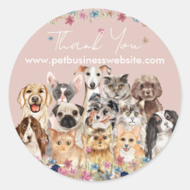 ピンクのありがとう猫犬 ラウンドシール