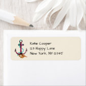 ピンクのいかりで水色のロープと貝殻 ラベル (インサイチュ)