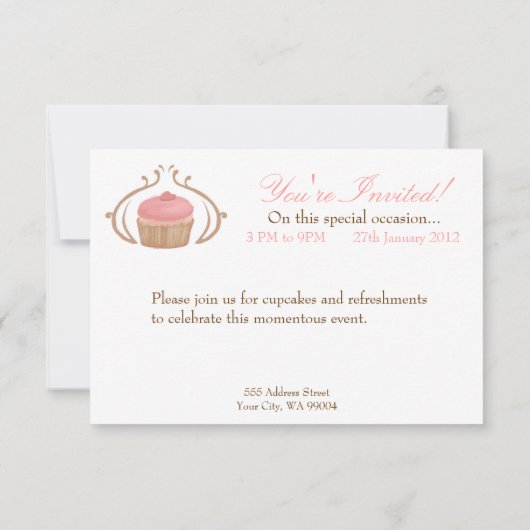 ピンクのいちごのシャンペンのカップケーキの招待状 招待状 (裏面)