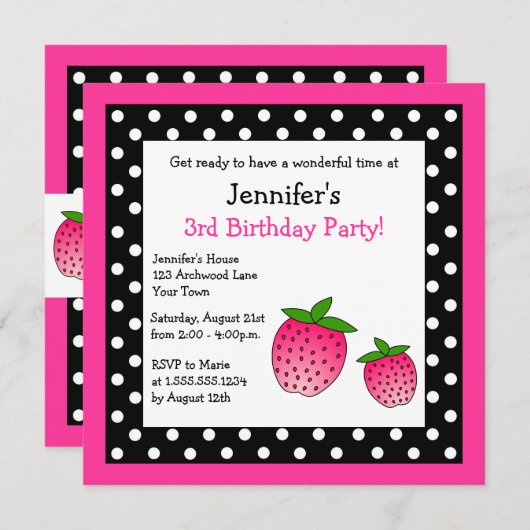 ピンクのいちごの誕生日の黒く及び白い水玉模様 招待状 (正面/裏面)