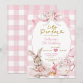 ピンクのうさぎのティーパーティー女の子の誕生日おめでとう Let's Par-tea 招待状 (正面/裏面)