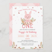 ピンクのうさぎの花の女の子1歳の誕生日 招待状 (正面/裏面)