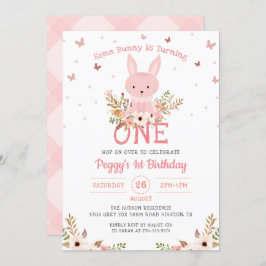 ピンクのうさぎの花の女の子１歳の誕生日 招待状