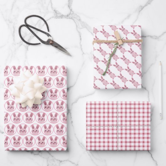 ピンクのうさぎパーティー ラッピングペーパーシート (正面)
