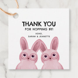 ピンクのうさぎ２羽が描かれた'hopping byありがとう' フェイバータグ