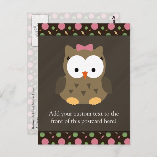 ピンクのおじぎをしたかわいい女の子フクロウ ポストカード (正面/裏面)