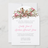 ピンクのおとぎ話の森の愛結婚の鳥 招待状 (正面)