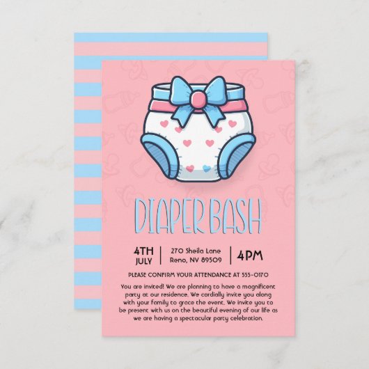 ピンクのおむつBashベビーシャワー 招待状 (正面/裏面)