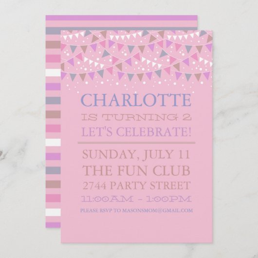 ピンクのおもしろいバンティング | 誕生日パーティーの招待 招待状 (正面/裏面)