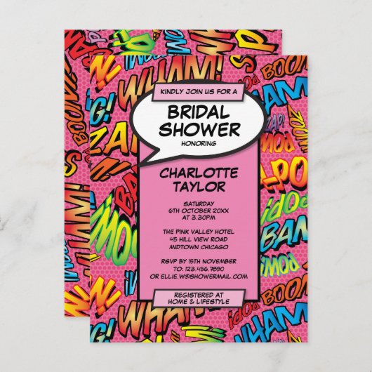 ピンクのおもしろいモダンブライダルシャワー漫画本 インビテーションポストカード (正面/裏面)