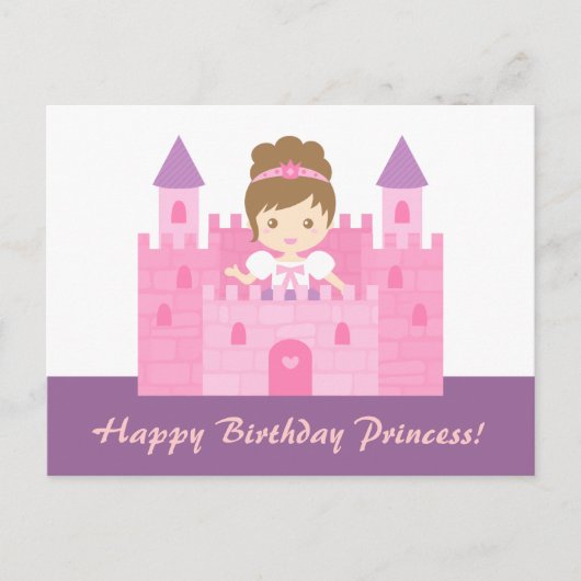 ピンクのお城にいるかわいいプリンセス姫　お誕生日おめでとう ポストカード (正面)