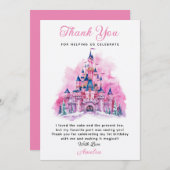 ピンクのお城の水彩 1歳の誕生日お礼カード 招待状 (正面/裏面)