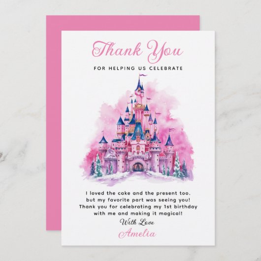 ピンクのお城の水彩 1歳の誕生日感謝カード 招待状 (正面/裏面)