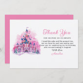 ピンクのお城の水彩 1歳の誕生日感謝カード 招待状 (正面/裏面)