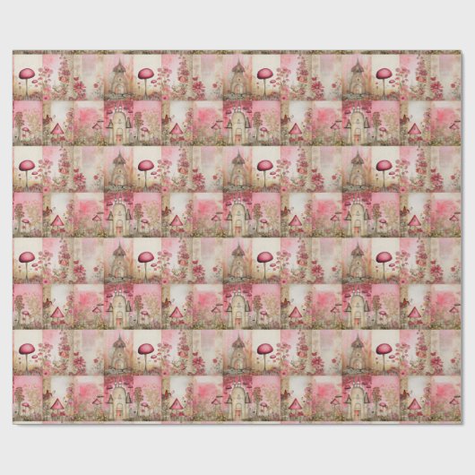 ピンクのお洒落キノコと可愛い ラッピングペーパー (フラット)