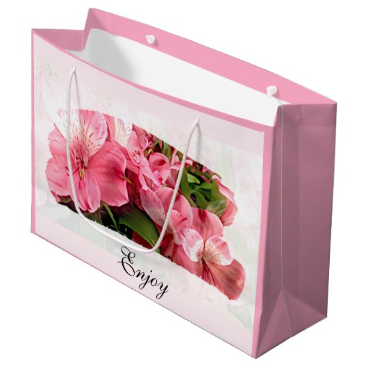 ピンクのお花のギフトバッグ ラージペーパーバッグ (正面アングル)